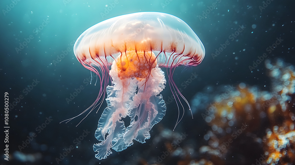 A Surreal Underwater Scene Featuring a Jellyfish Containing a Human Skull Surrounded by Colorful Coral and Seaweed A Surreal Underwater Scene Featuring a Jellyfish Containing a Human Skull Surrounded by Colorful Coral and Seaweed
