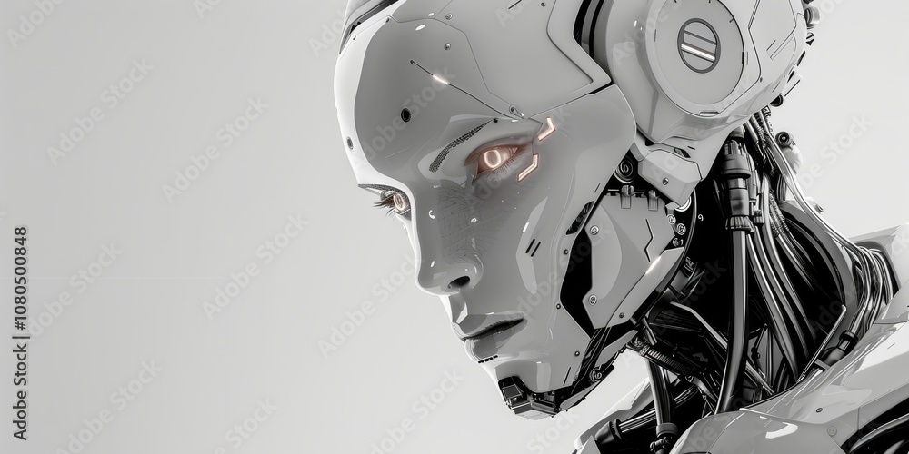 A robot with a white helmet and a black face. The robot is looking at the camera. The robot is in front of a white background