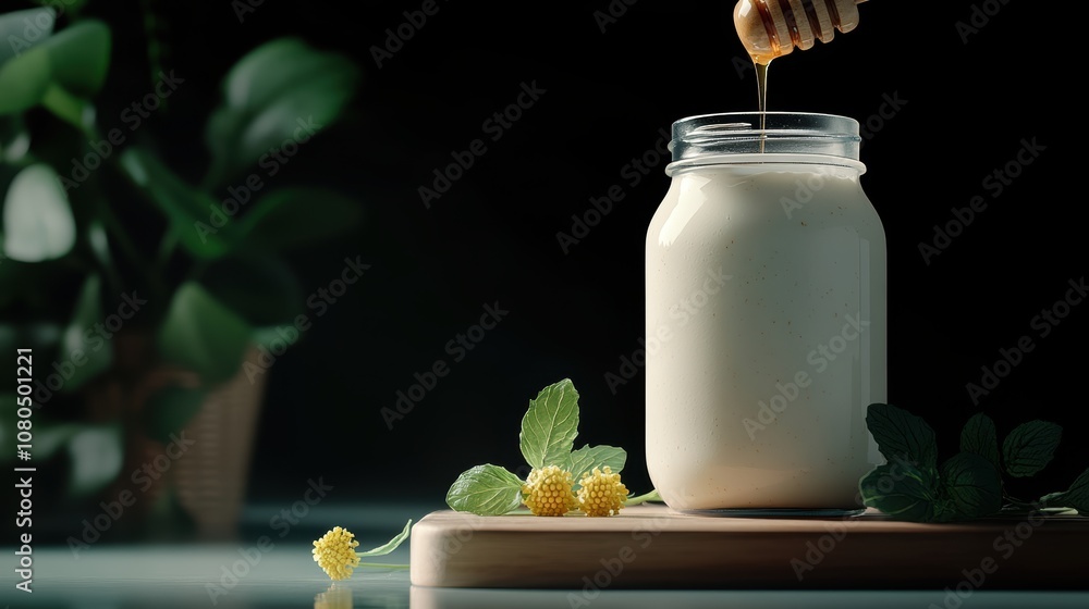 A glass jar filled with creamy substance, drizzled with honey, surrounded by fresh mint leaves and yellow flowers, ideal for food blogs, recipes A glass jar filled with creamy substance, drizzled with honey, surrounded by fresh mint leaves and yellow flowers, ideal for food blogs, recipes