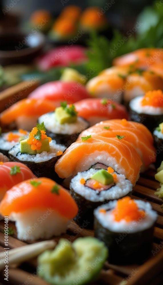 Sushi platter with salmon, avocado, rice, and orange fish roe Sushi platter with salmon, avocado, rice, and orange fish roe