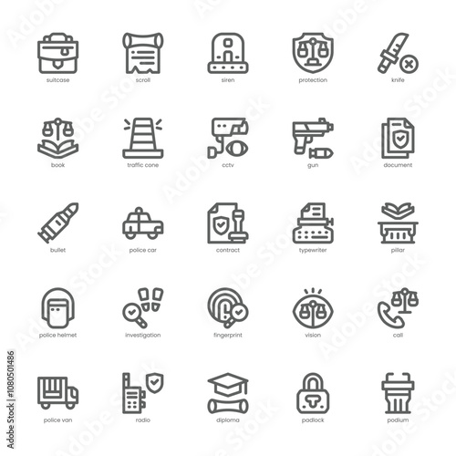 Justice and Law icon pack for your website, mobile, presentation, and logo design. Justice and Law icon outline design. Vector graphics illustration and editable stroke.