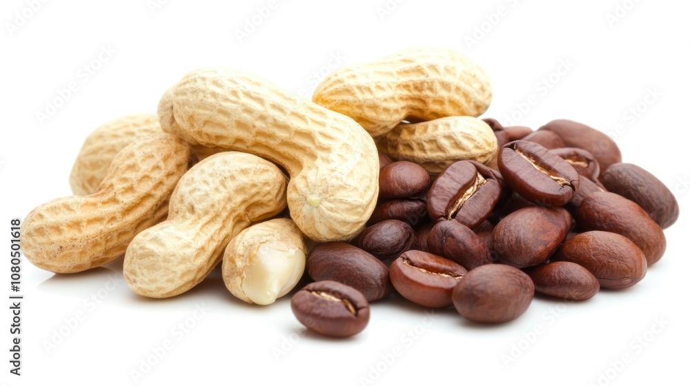 Obraz premium A pile of raw peanuts and roasted coffee beans on a white background.