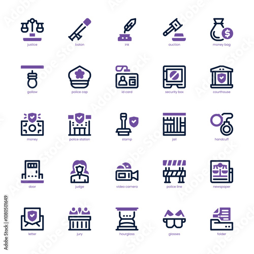 Justice and Law icon pack for your website, mobile, presentation, and logo design. Justice and Law icon dual tone design. Vector graphics illustration and editable stroke.