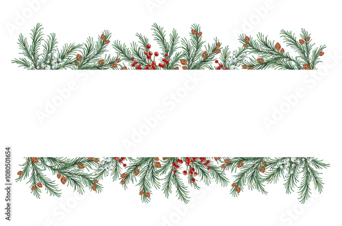 Cheerful and festive Christmas card border template. Winter holiday frame with pine branches, greenery, red berries, isolated. Watercolor winter greenery frame, Christmas card template. Hand painted
