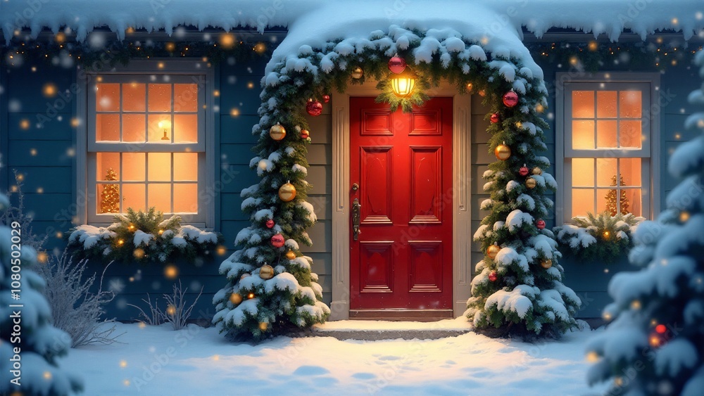 front of christmas house with red door front of christmas house with red door
