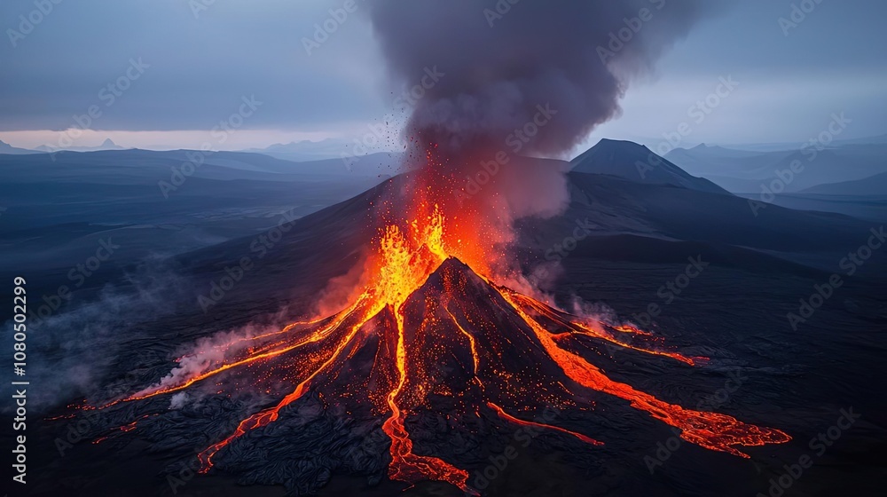 Fototapeta premium Active volcano erupting with lava flows against a dramatic sky.