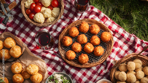 A Festive Outdoor Picnic Spread with Delicious Hush Puppies and Other Homemade Treats for a Perfect Gathering photo