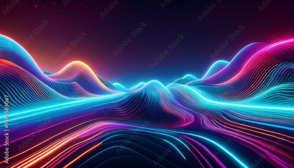abstract neon light digital landscape with wavy surface abstract neon light digital landscape with wavy surface