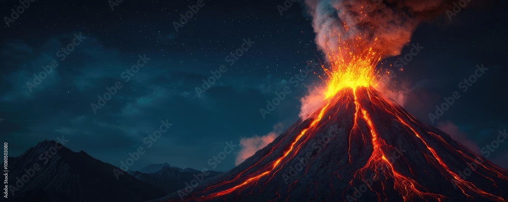 Erupting volcano with lava and smoke against a dark night sky. Erupting volcano with lava and smoke against a dark night sky.