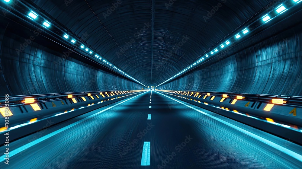 Futuristic tunnel with bright blue lights and an empty road ahead. Futuristic tunnel with bright blue lights and an empty road ahead.