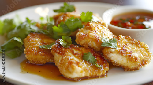 A Culinary Delight: Crispy Fried Tofu Skin with Tangy Sauce and Fresh Herbs for the Perfect Vegan Appetizer