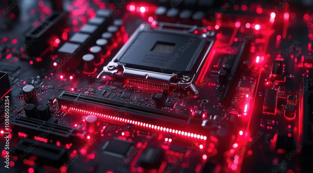 Close-up of a computer motherboard with a glowing red CPU.