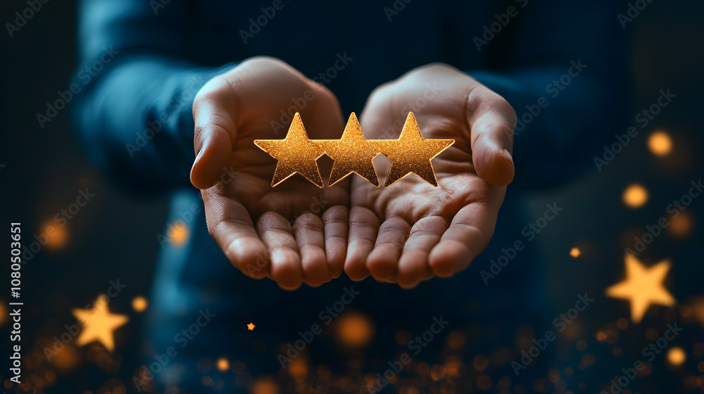 Fototapeta premium Un homme daffaires brandit les cinq étoiles dor de la qualité garantie et du service ISO exceptionnel.