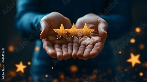 Un homme daffaires brandit les cinq étoiles dor de la qualité garantie et du service ISO exceptionnel.