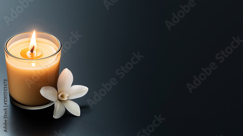 Lit candle in glass holder with white flower on dark minimalistic background, creating a calm and elegant atmosphere. photo