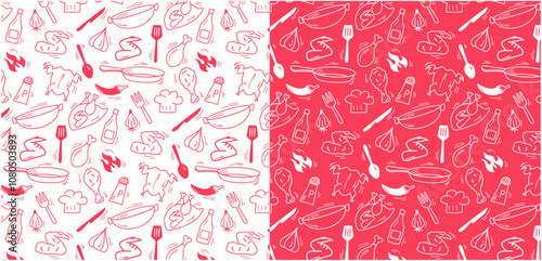 fried chicken doodle red seamless pattern background kitchen cooking restaurant