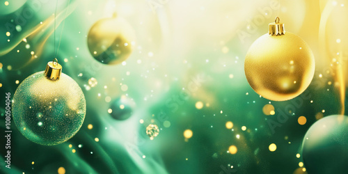 Christmas-themed backdrop featuring fluid art and geometric baubles in soft gold and green