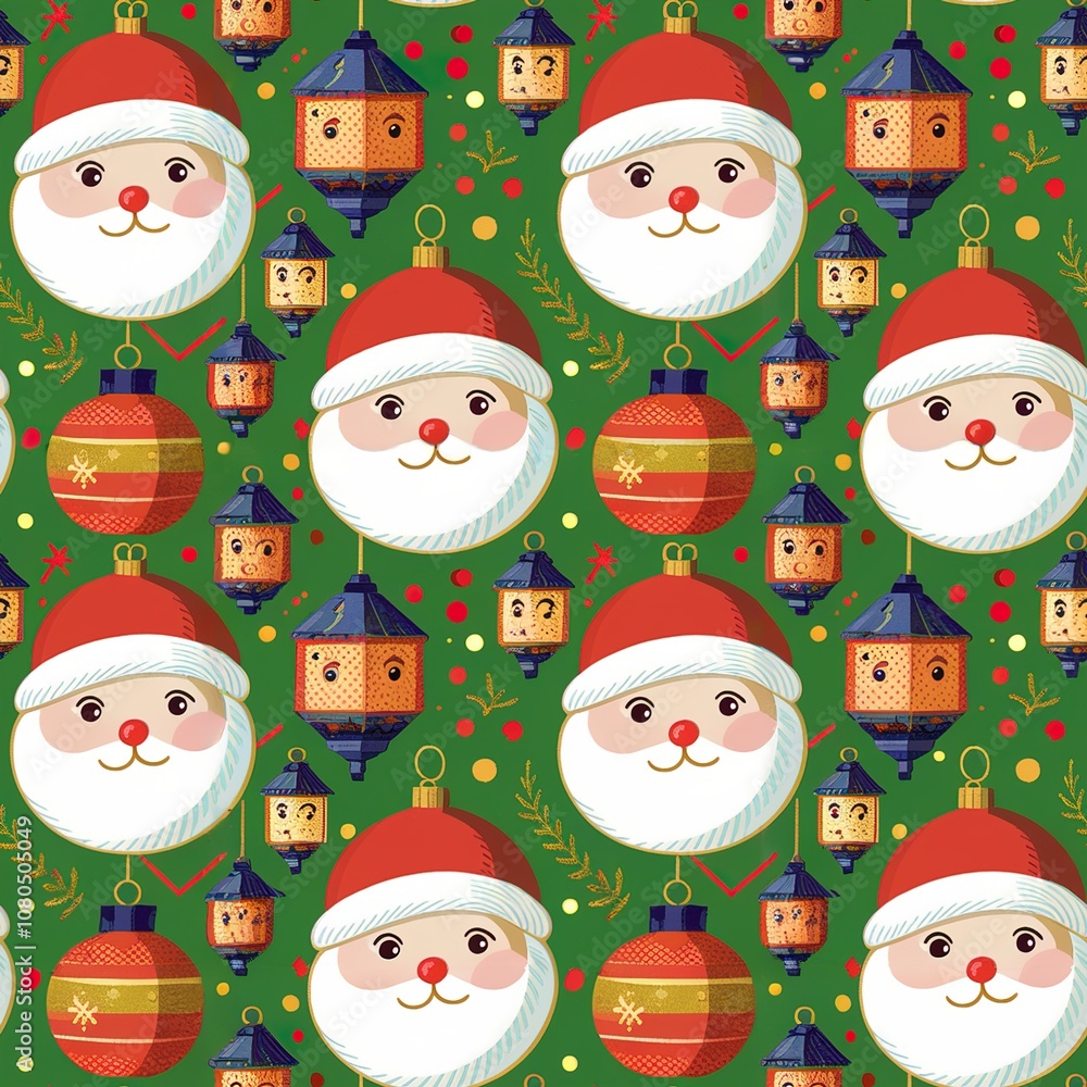 Minimalist decorative background with endless pattern - Santa Claus and lantern Minimalist decorative background with endless pattern - Santa Claus and lantern