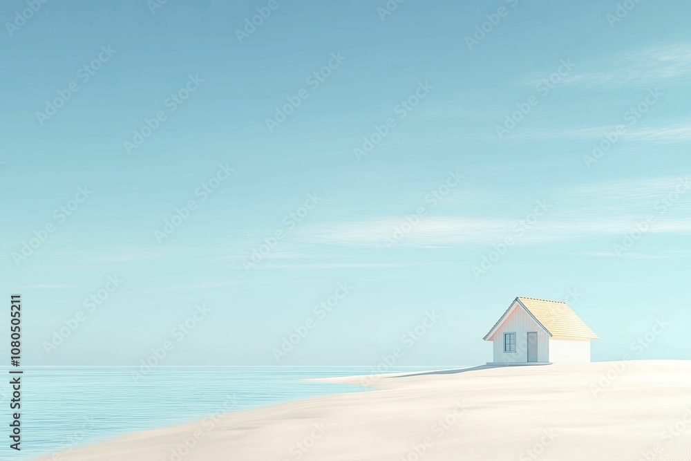 Adventure hideaway overlooking a serene beach with minimalist design. Soft hues evoke tranquility and charm. 3D representation.