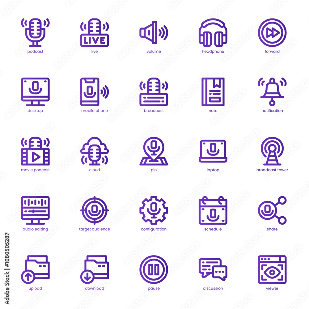 Podcast icon pack for your website, mobile, presentation, and logo design. Podcast icon basic line gradient design. Vector graphics illustration and editable stroke. Podcast icon pack for your website, mobile, presentation, and logo design. Podcast icon basic line gradient design. Vector graphics illustration and editable stroke.