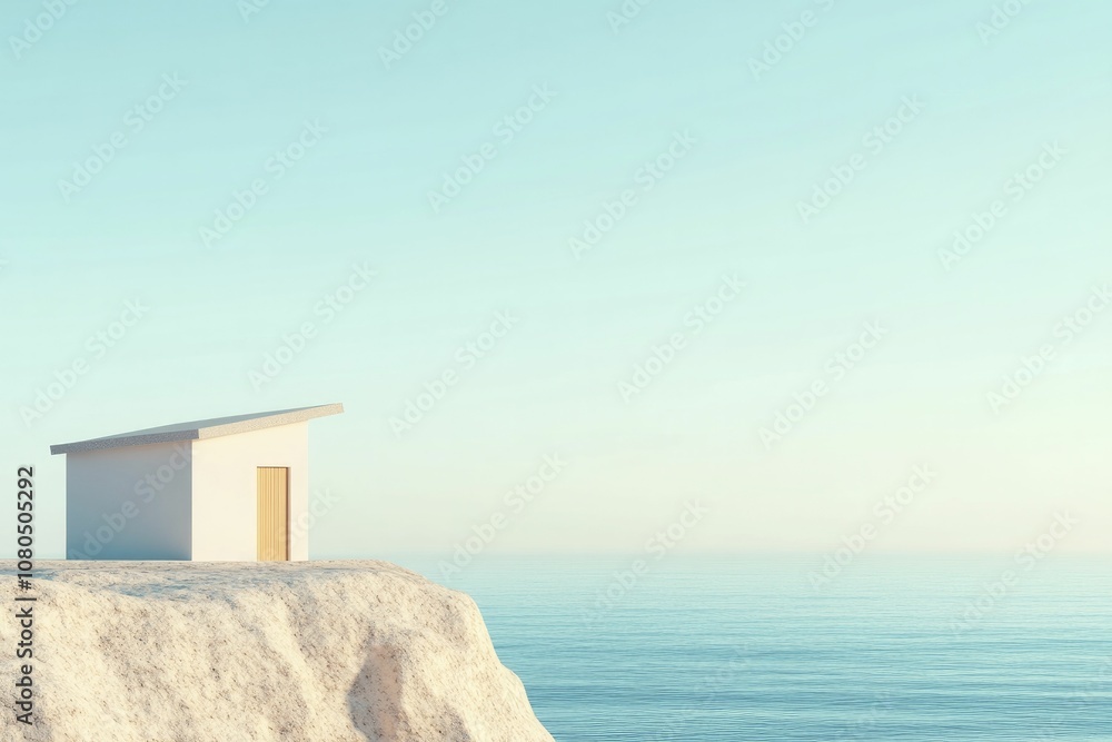 Adventure hideaway perched on a sandy beach with uncomplicated forms. Gentle colors highlight simplicity and peacefulness. 3D illustration. Adventure hideaway perched on a sandy beach with uncomplicated forms. Gentle colors highlight simplicity and peacefulness. 3D illustration.