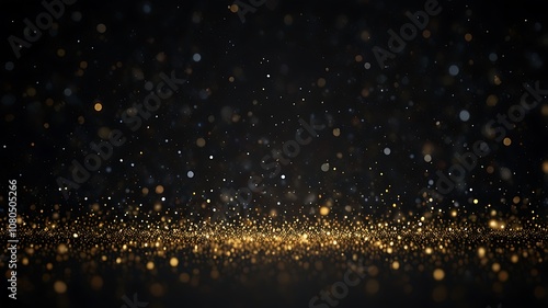white particle on black background, star bokeh blur golden and white  dust background