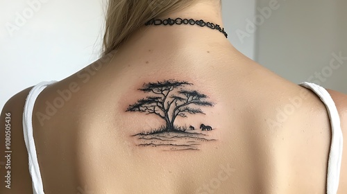 Intricate Tattoo Design Depicting a Silhouette of a Tree with a Landscape and Animals on the Back of a Person, Capturing Nature's Beauty in Body Art