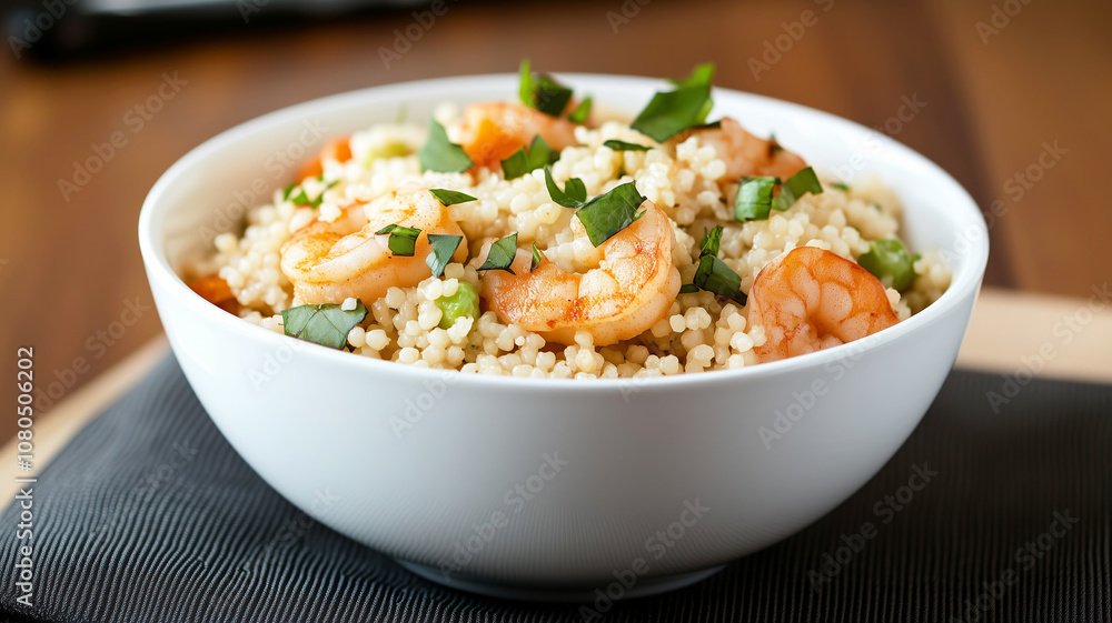 Fresh shrimp couscous salad in white bowl with herbs and citrus Fresh shrimp couscous salad in white bowl with herbs and citrus