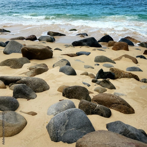 Variety of rocksin the sand leading to the water photo