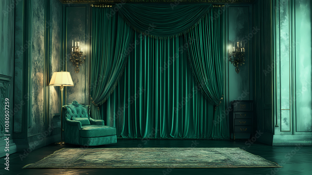 Fototapeta premium Luxurious emerald green curtains covering a wall in an opulent room with moody lighting. Opulent. Illustration