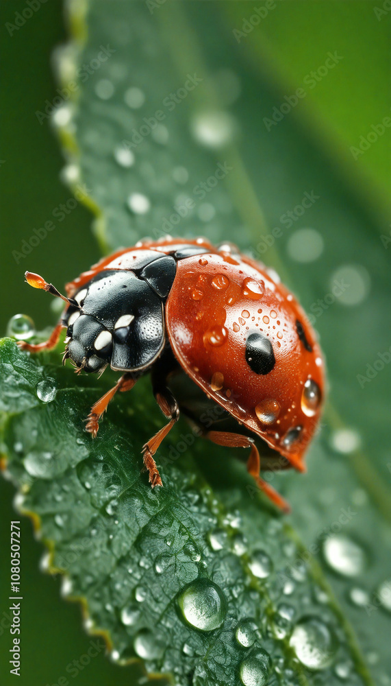 Fototapeta premium Ladybug walking on wet green leaf in spring