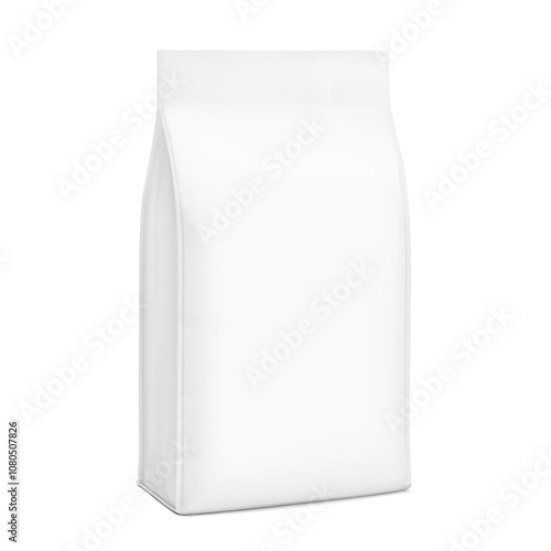 Realistic quad seal bag with flat bottom mockup. Vector illustration isolated on white background. Perfect for easy customisation and editing your graphics on a mockup. EPS10.