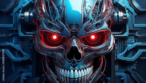 a close up of a robotic skull with red eyes set against a blue and black background