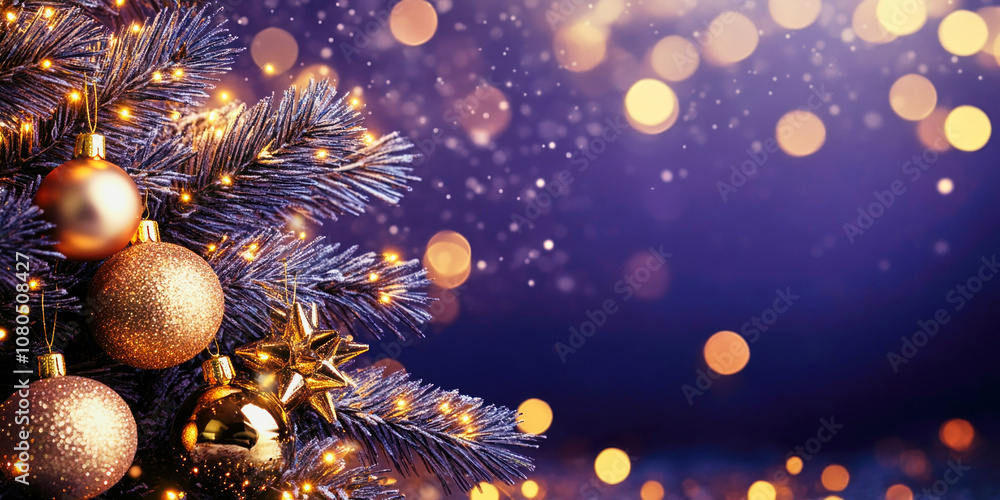Golden festive bokeh overlay enhances dark violet background for elegant Christmas advertising Golden festive bokeh overlay enhances dark violet background for elegant Christmas advertising