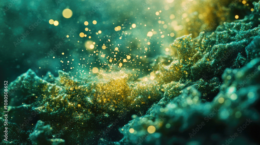 Fototapeta premium Golden light particles create a festive mood on deep green coral texture for a Christmas ambiance