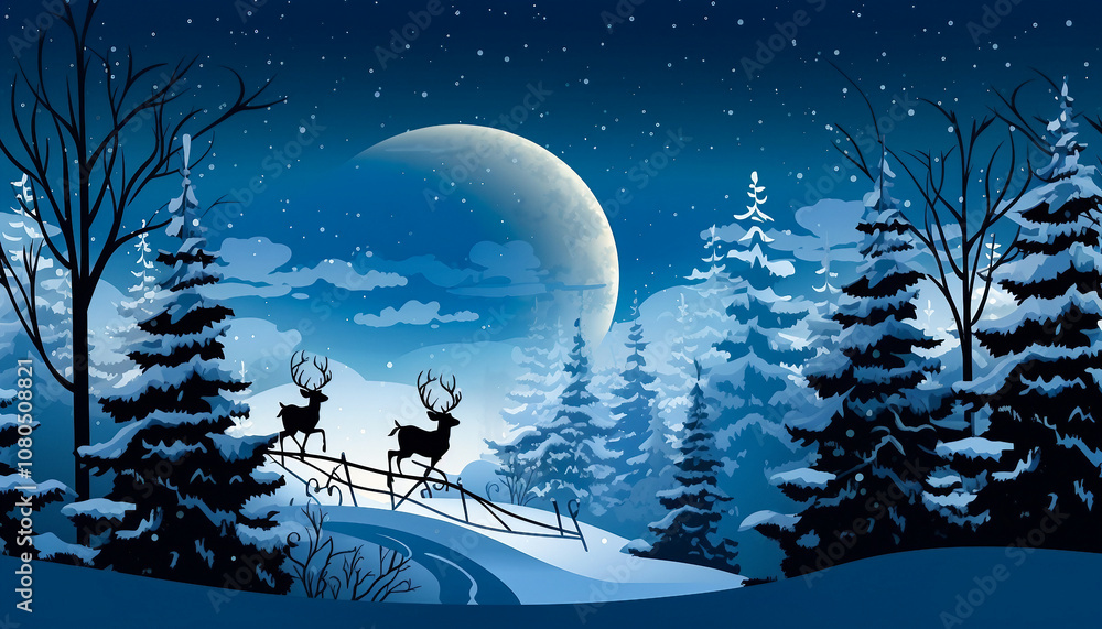 Naklejka premium Two Friendly Reindeer Walking In The Night