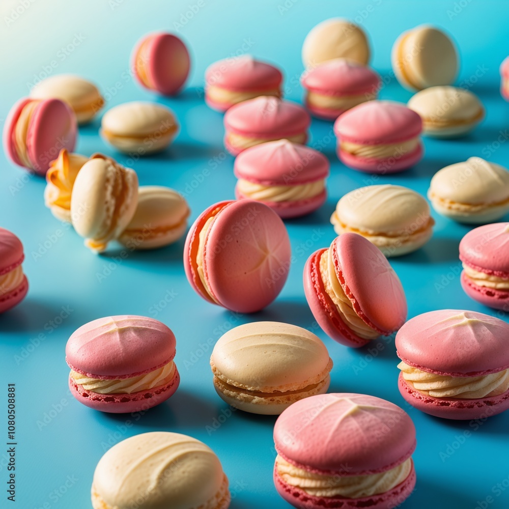 macaroons with various colors on isolated blue background macaroons with various colors on isolated blue background