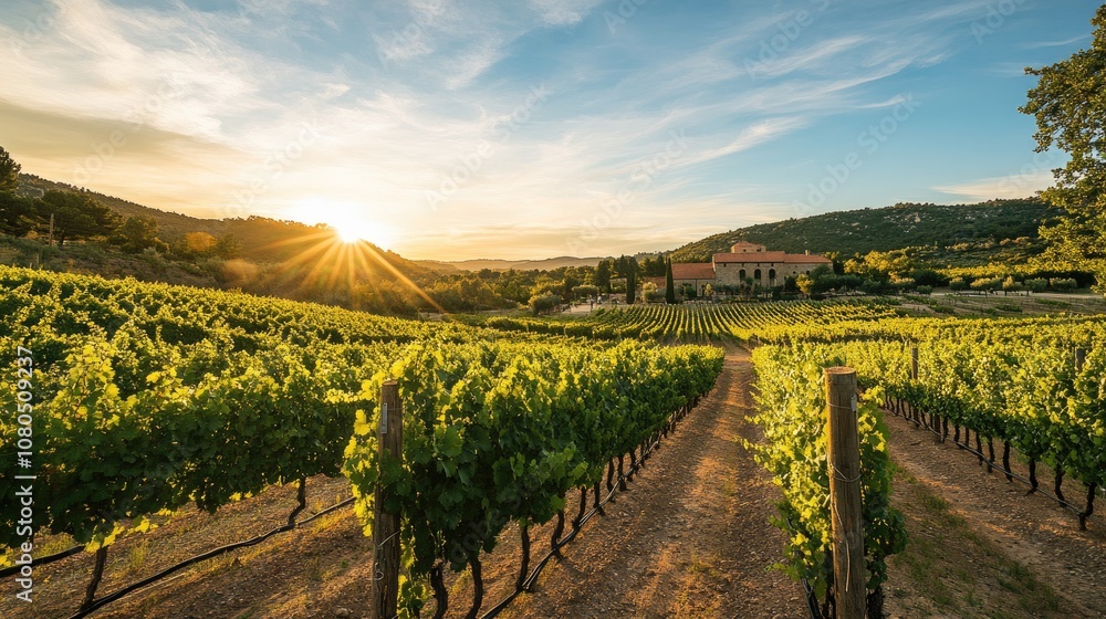 Fototapeta premium A beautiful vineyard landscape at sunset, showcasing rows of grapevines and a rustic winery in the background, inviting exploration.