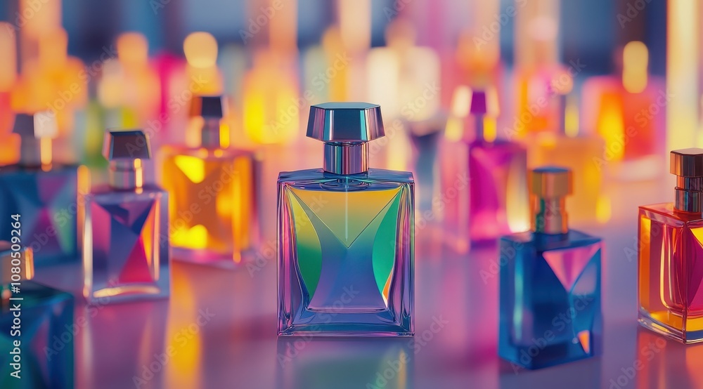 A vibrant display of colorful perfume bottles, showcasing a variety of shapes and hues, set against a soft background. A vibrant display of colorful perfume bottles, showcasing a variety of shapes and hues, set against a soft background.