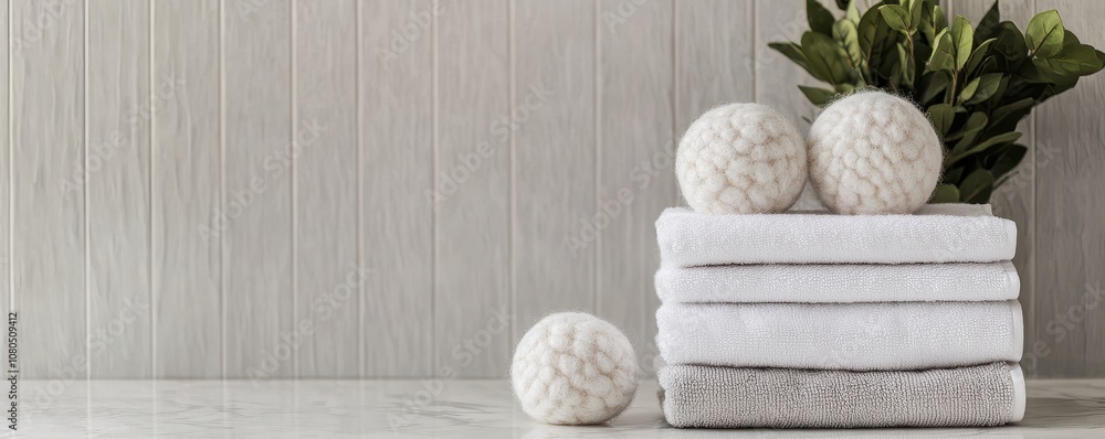 Neatly stacked white towels with wool dryer balls on a light background, creating a cozy and eco-friendly laundry aesthetic. Neatly stacked white towels with wool dryer balls on a light background, creating a cozy and eco-friendly laundry aesthetic.