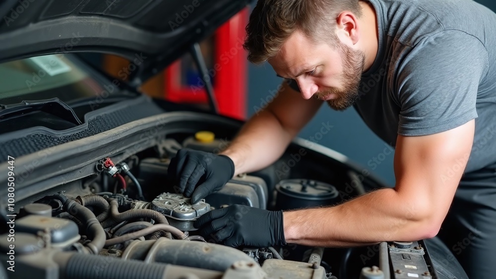 Mechanic working on car engine, muscular build, grey shirt and pants, black gloves Mechanic working on car engine, muscular build, grey shirt and pants, black gloves