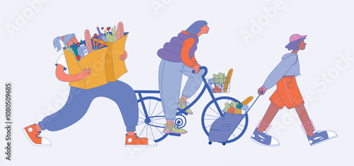 Flat Vector Illustration Characters with various grocery bags and carts walking isolated. Three Female Characters with different clothes and Groceries in a dynamic shopping scene.