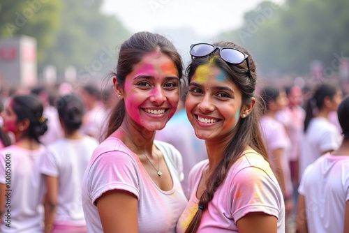 Wallpaper Mural Holi Festival,Vibrant scene of two young women at Holi festival and surrounded by people, scene-lively and women-colorful Torontodigital.ca