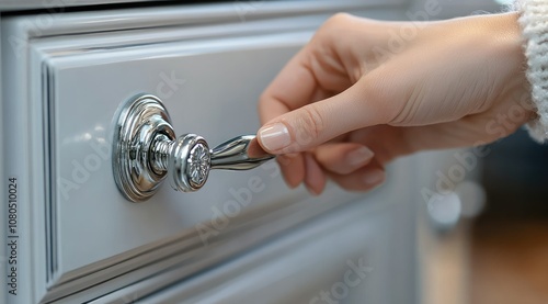 Close-up of a hand opening a drawer with a silver knob.