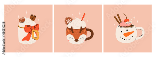 Christmas hot drink collection. Flat cartoon beverages. Holiday cute mugs with hot cocoa, coffee, and mulled wine. New year drinks decorated with sweets and candy. Isolated vector illustration