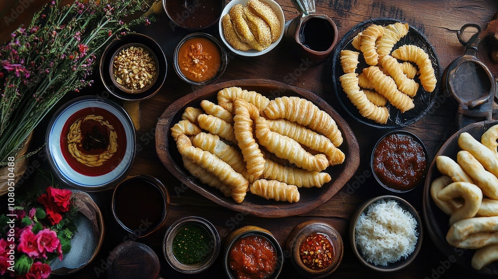 A beautifully styled table with Youtiao and various dipping sauces, inviting a delightful morning feast filled with flavors. A beautifully styled table with Youtiao and various dipping sauces, inviting a delightful morning feast filled with flavors.