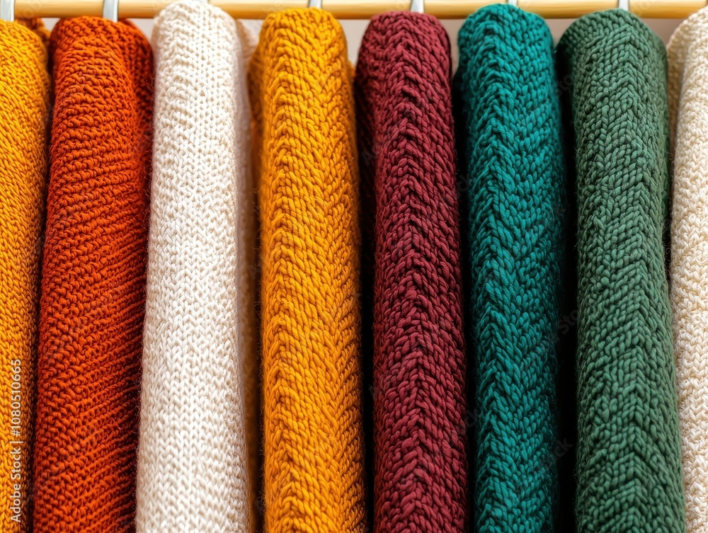 Close-up of vibrant knit sweaters in various colors hanging on a rack, showcasing cozy textures and warm fall hues. Close-up of vibrant knit sweaters in various colors hanging on a rack, showcasing cozy textures and warm fall hues.