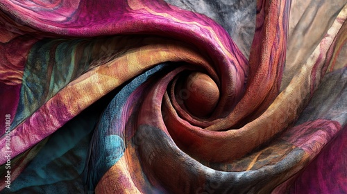 A vibrant, swirling abstract pattern resembling fabric or textile, showcasing rich colors and textures.