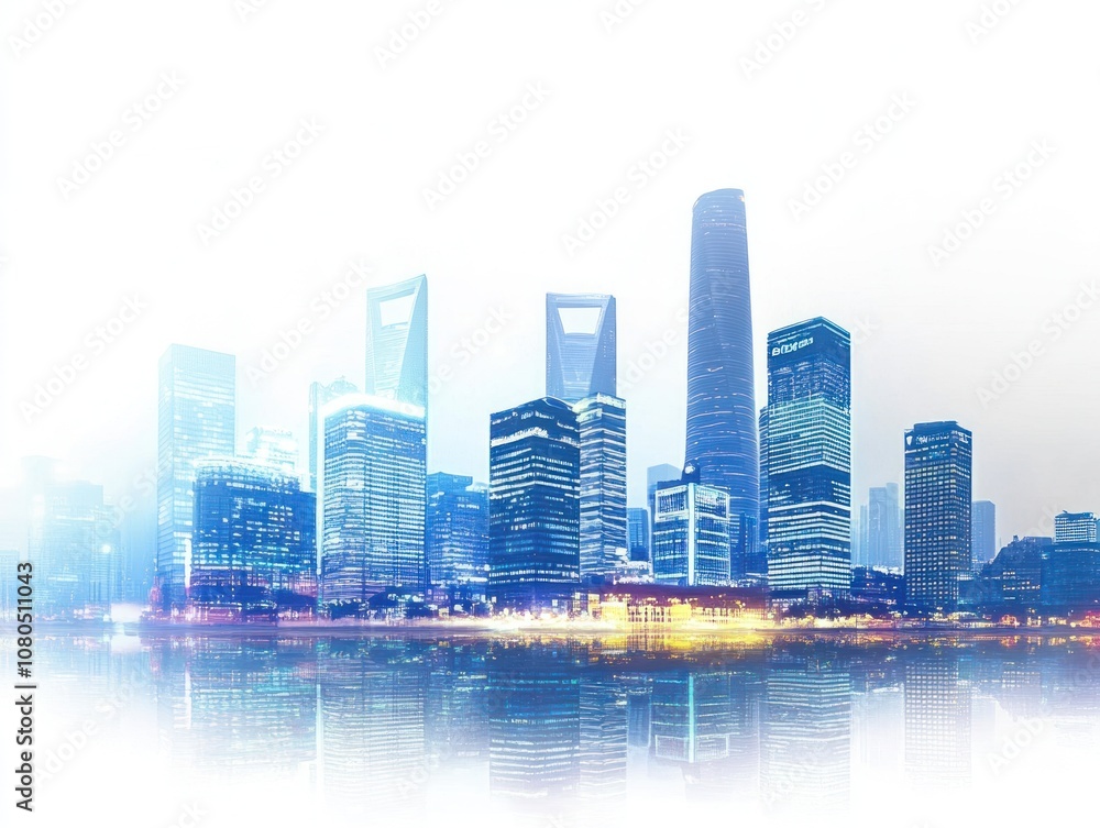 Fototapeta premium A modern skyline reflecting on water, showcasing urban architecture and city life.