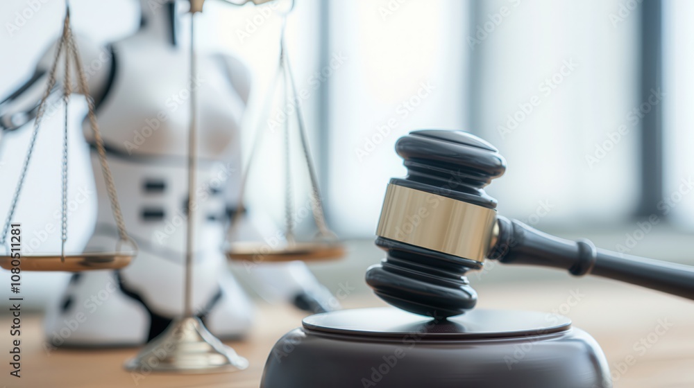 AI enhances justice with the scale and gavel of fairness. A gavel rests on a desk in front of a robotic figure holding scales of justice, symbolizing the intersection of law and technology.